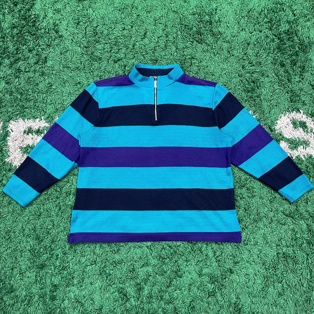 vintage Alfred Dunner blue teal striped quarter-zip high neck top sz Large L B13